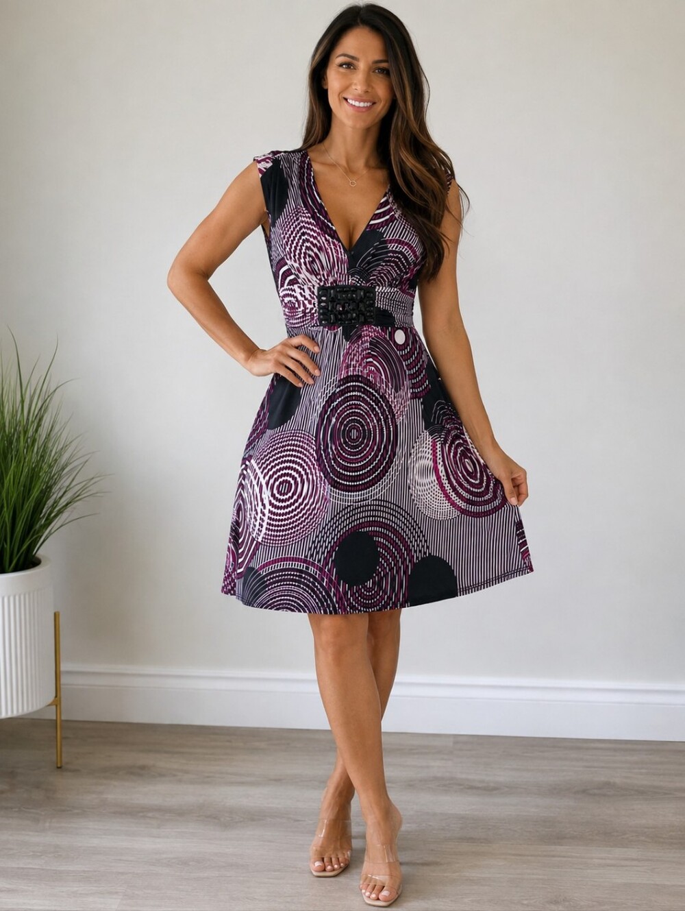 Bisou Bisou Black & Purple Geometric V-Neck Dress